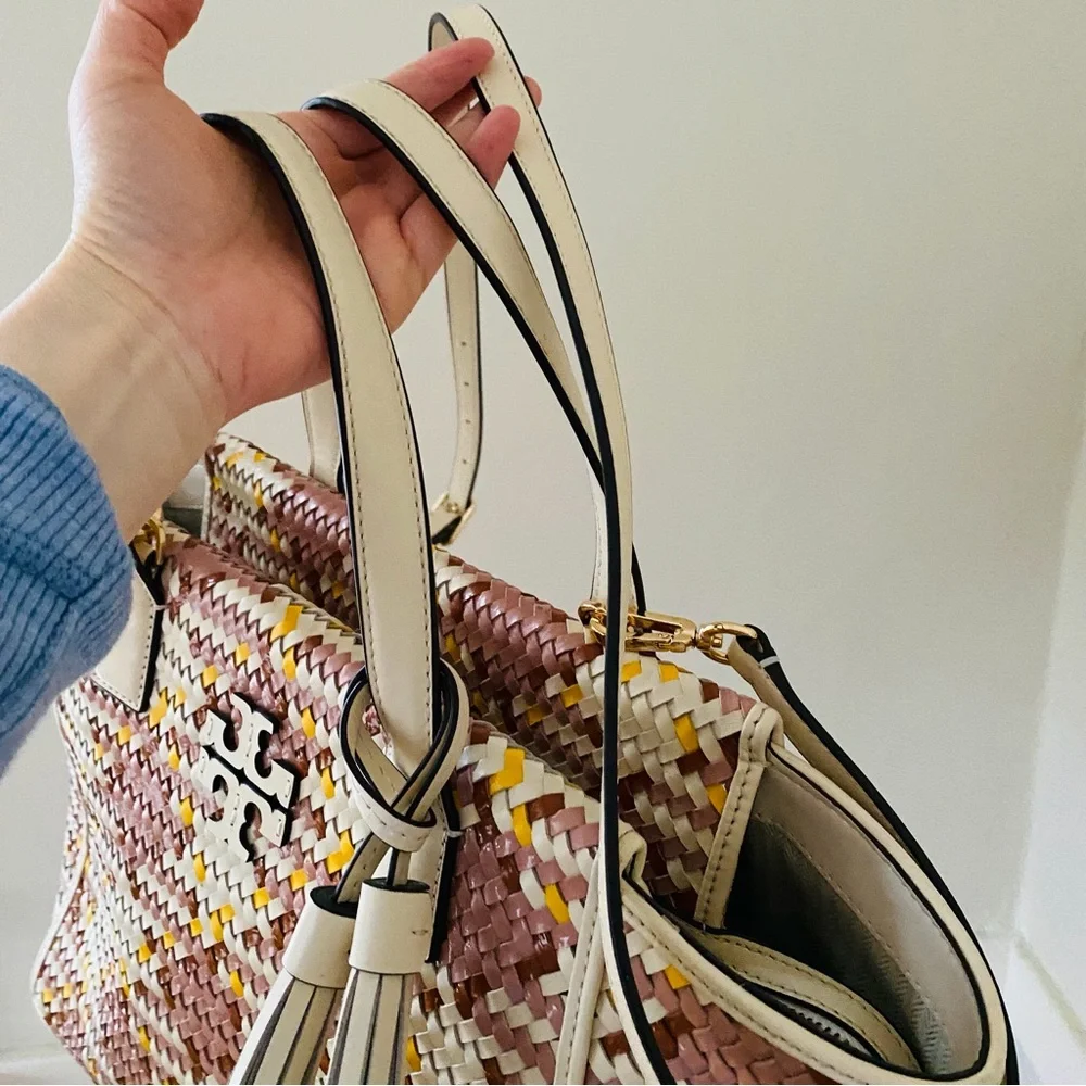 $595 Tory Burch Thea Woven Cream Pink Leather Tassels Crossbody Satchel Bag